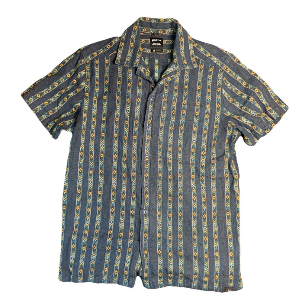 prAna Slim Fit Shirt Mens Medium Blue Southwest Tribal Short Sleeve Button Up